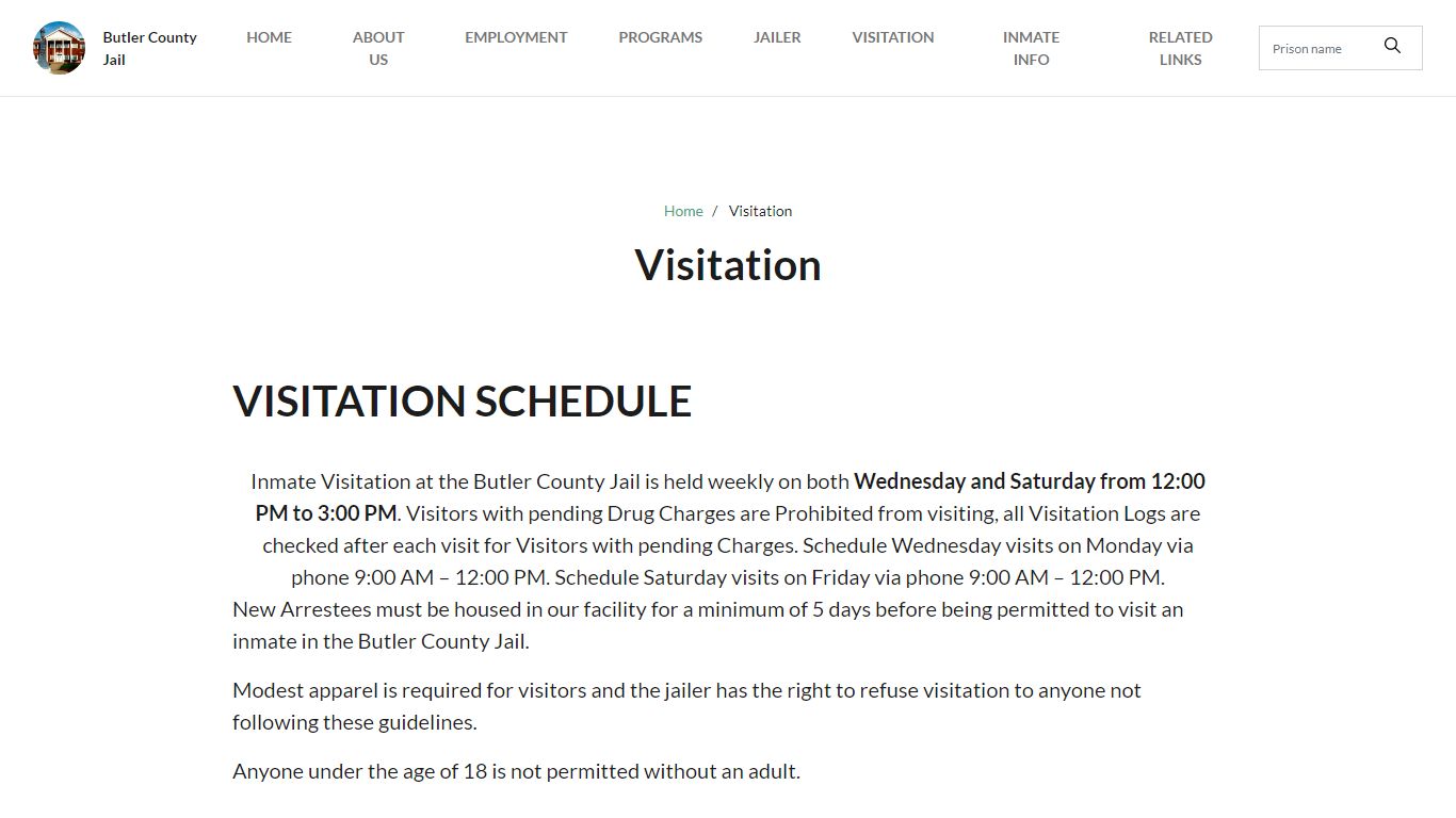 Butler County Jail VISITATION SCHEDULE